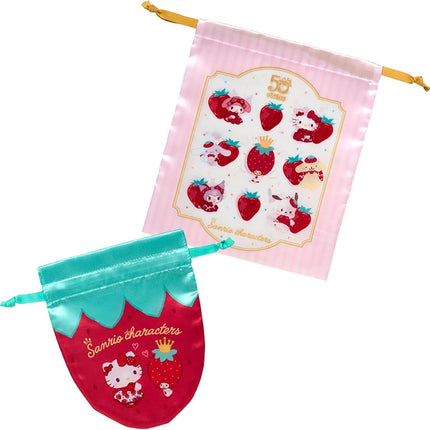 Sanrio Original Drawstring Bag 2 Pieces Set Strawberry Newspaper 50th Anniversary Pouch Organizer